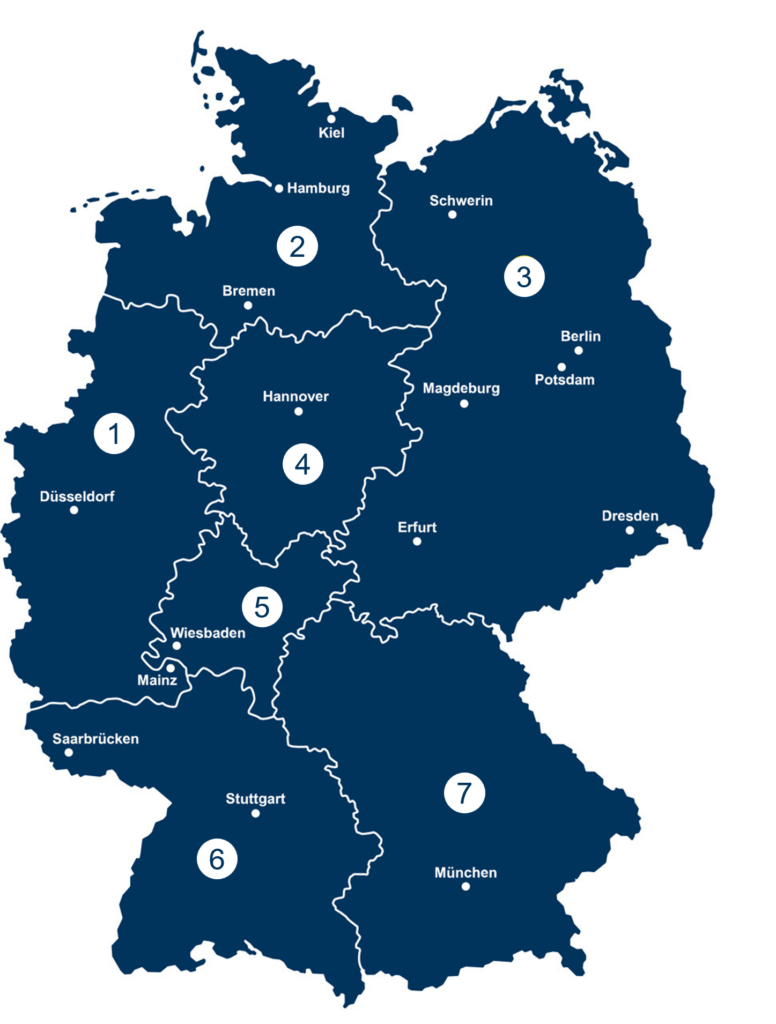 Blaue Deutschlandkarte mit terretorialer Einteilung der Gebiete