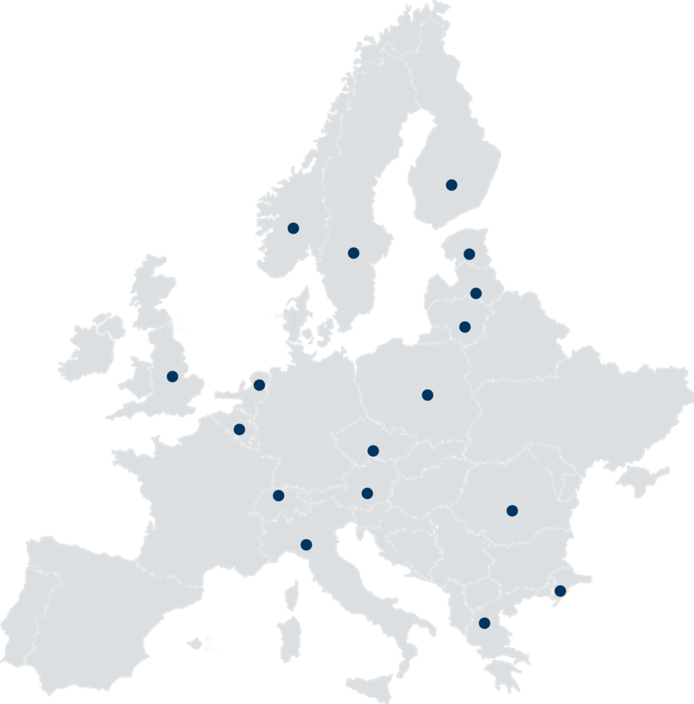 Hellgraue Europakarte mit blauen Punkten auf einzelnen Ländern